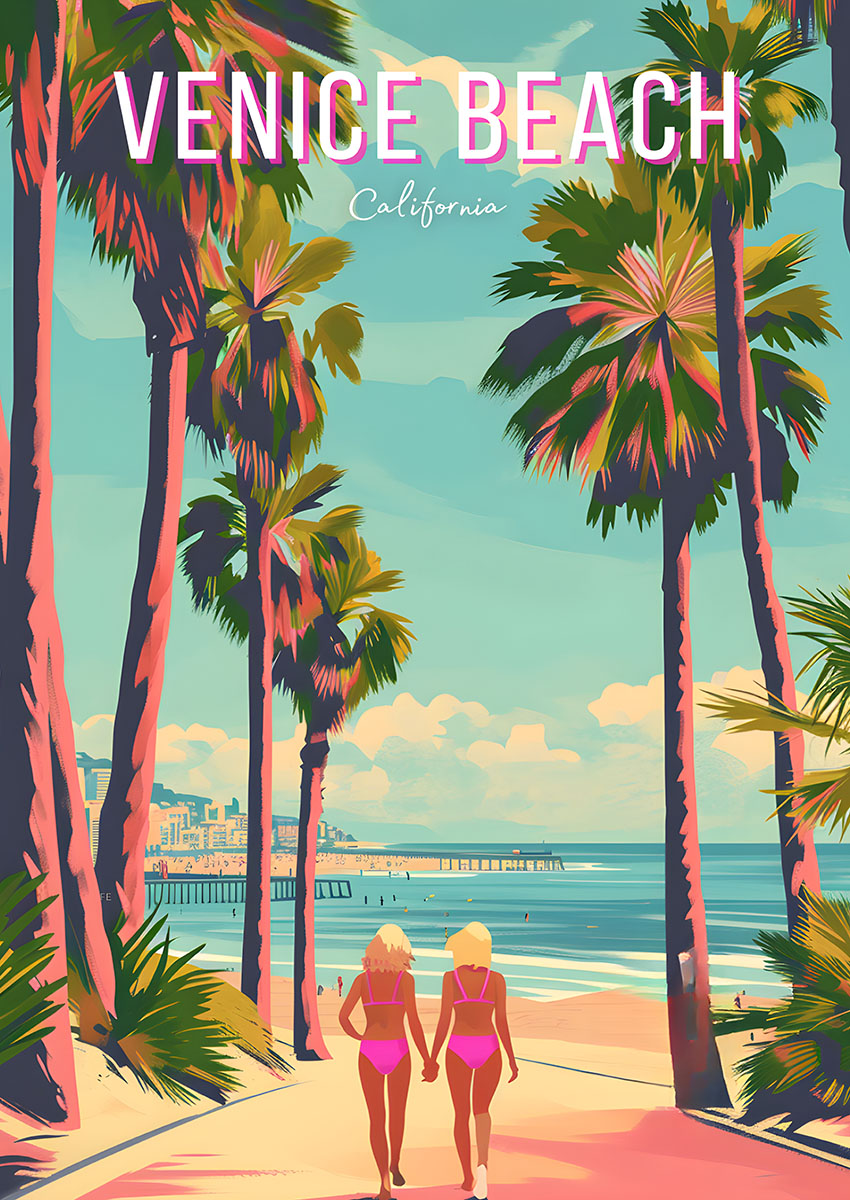 Vibrant artwork of Venice Beach showcasing two figures walking on the sandy shore with palm trees and ocean in the background.